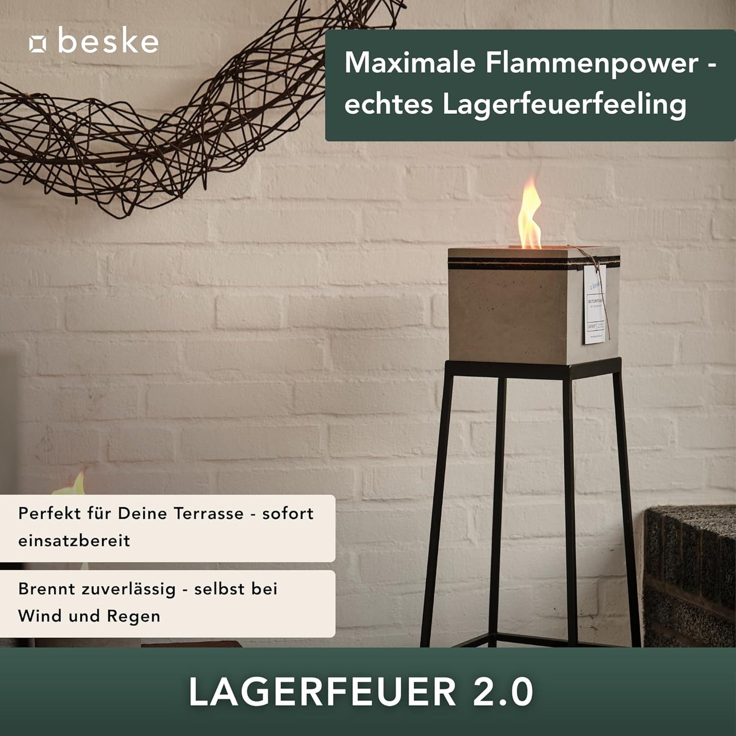 Betonfeuer-Set Fuego inkl. Ständer & Wachs, 'Fuego' (17x17x17) inkl. Ständer und Wachs