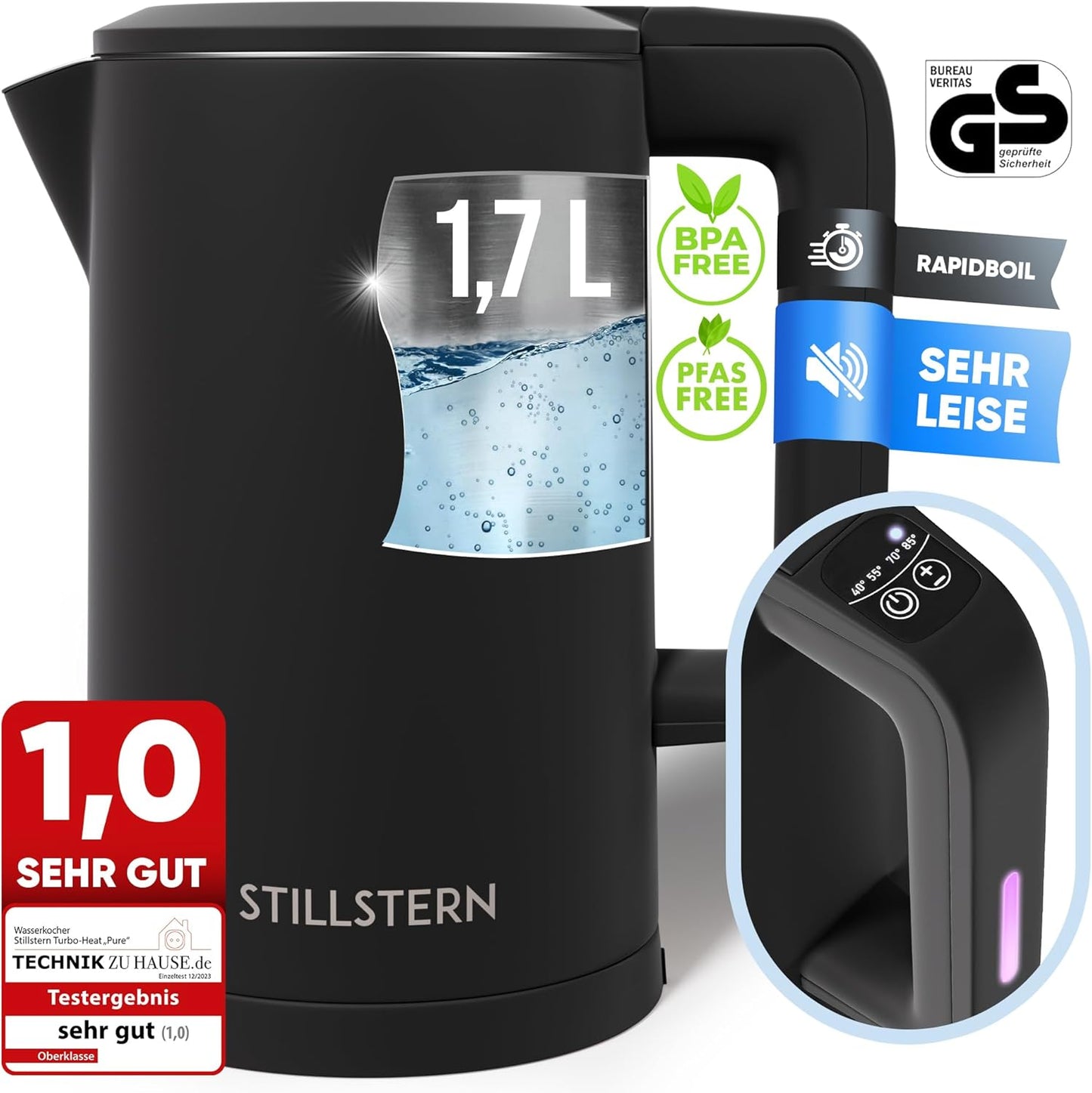 Wasserkocher mit Temperatureinstellung, Schwarz