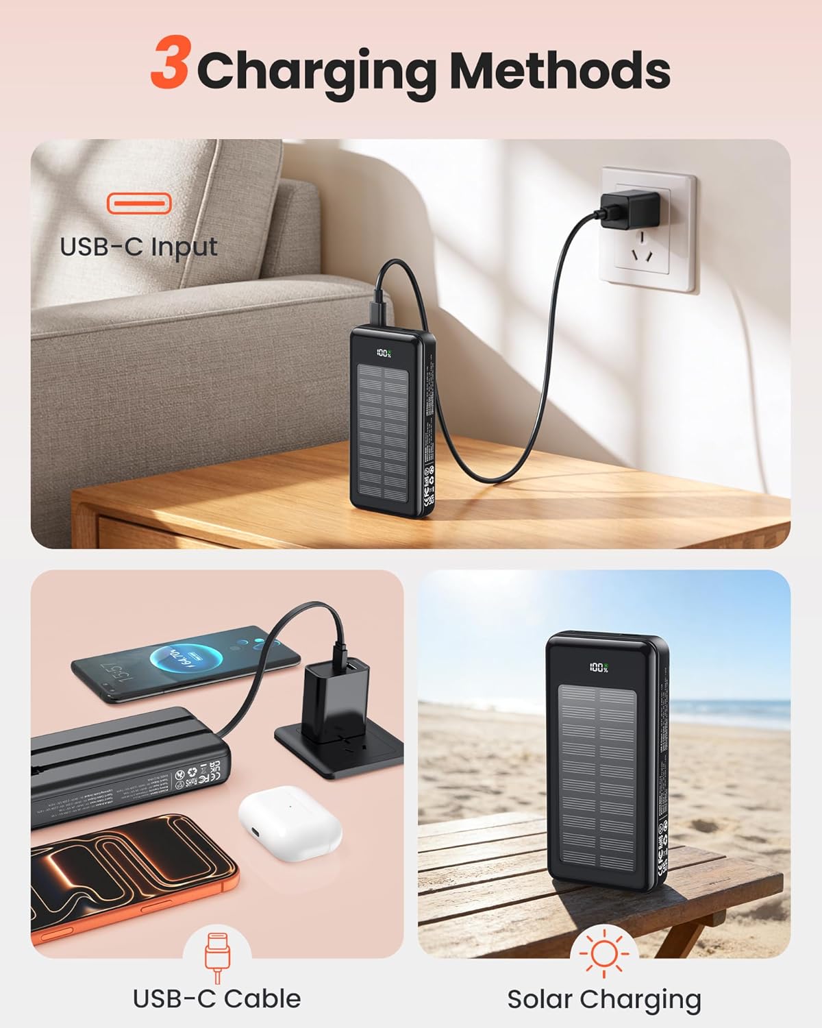 Solar Powerbank PC3-S mit Schnellladefunktion, Schwarz