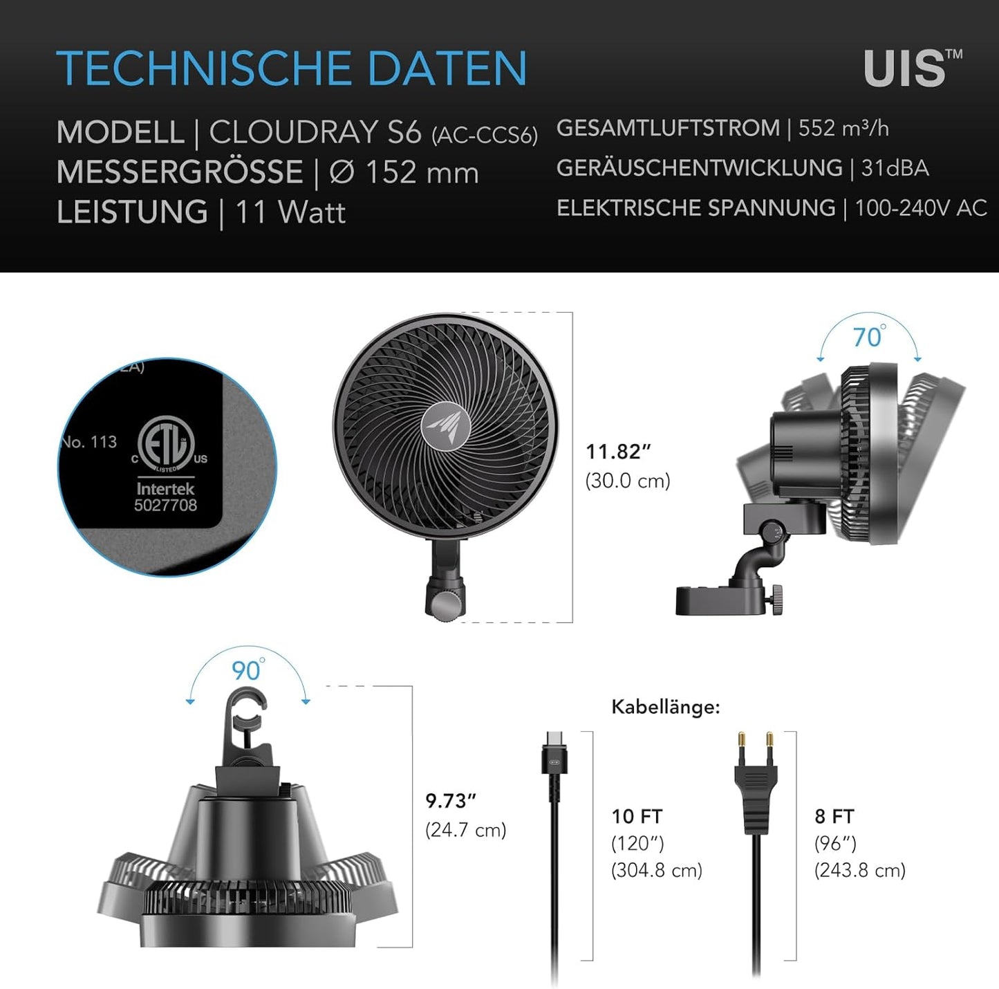 Clip-Ventilator Cloudray S6, 150mm Automatic Oscillation