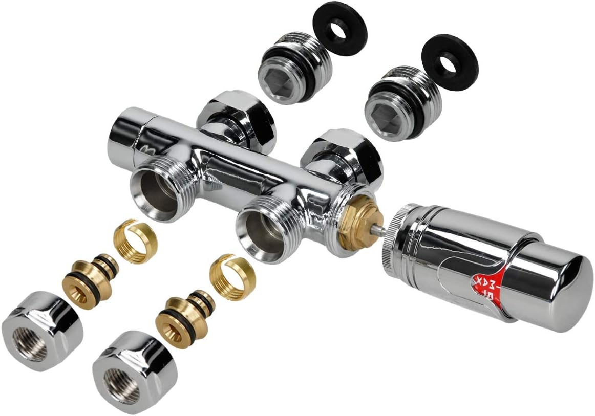 Handtuchheizkörper mit Mittelanschluss und Thermostat, 300x1400 mm gerade mit Durchgangs-Ventil Chrom