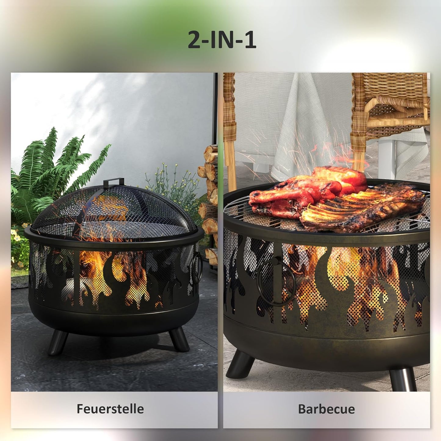 Metall Feuerschale mit Funkenschutz & Grillrost, 61 cm