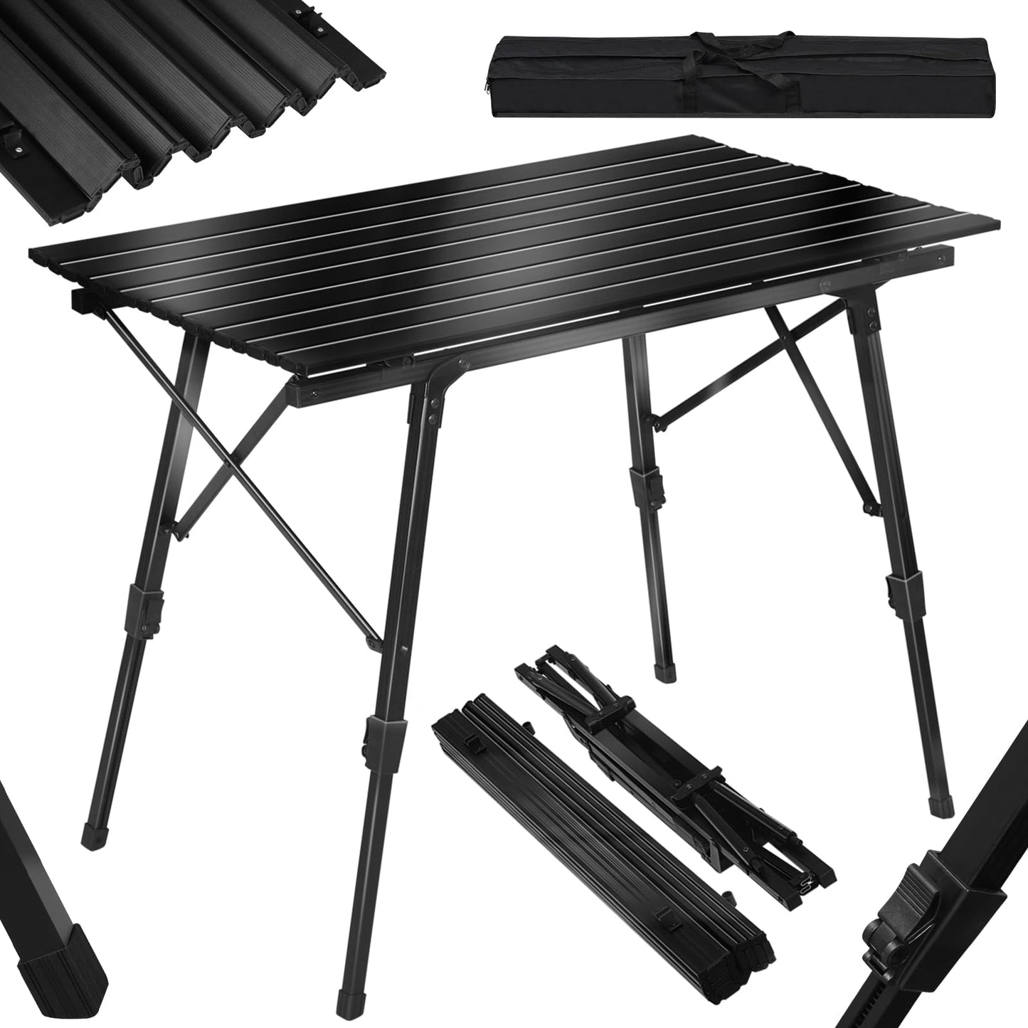 Höhenverstellbarer Klapptisch aus Alu, zusammenklappbar, 90x52cm Schwarz
