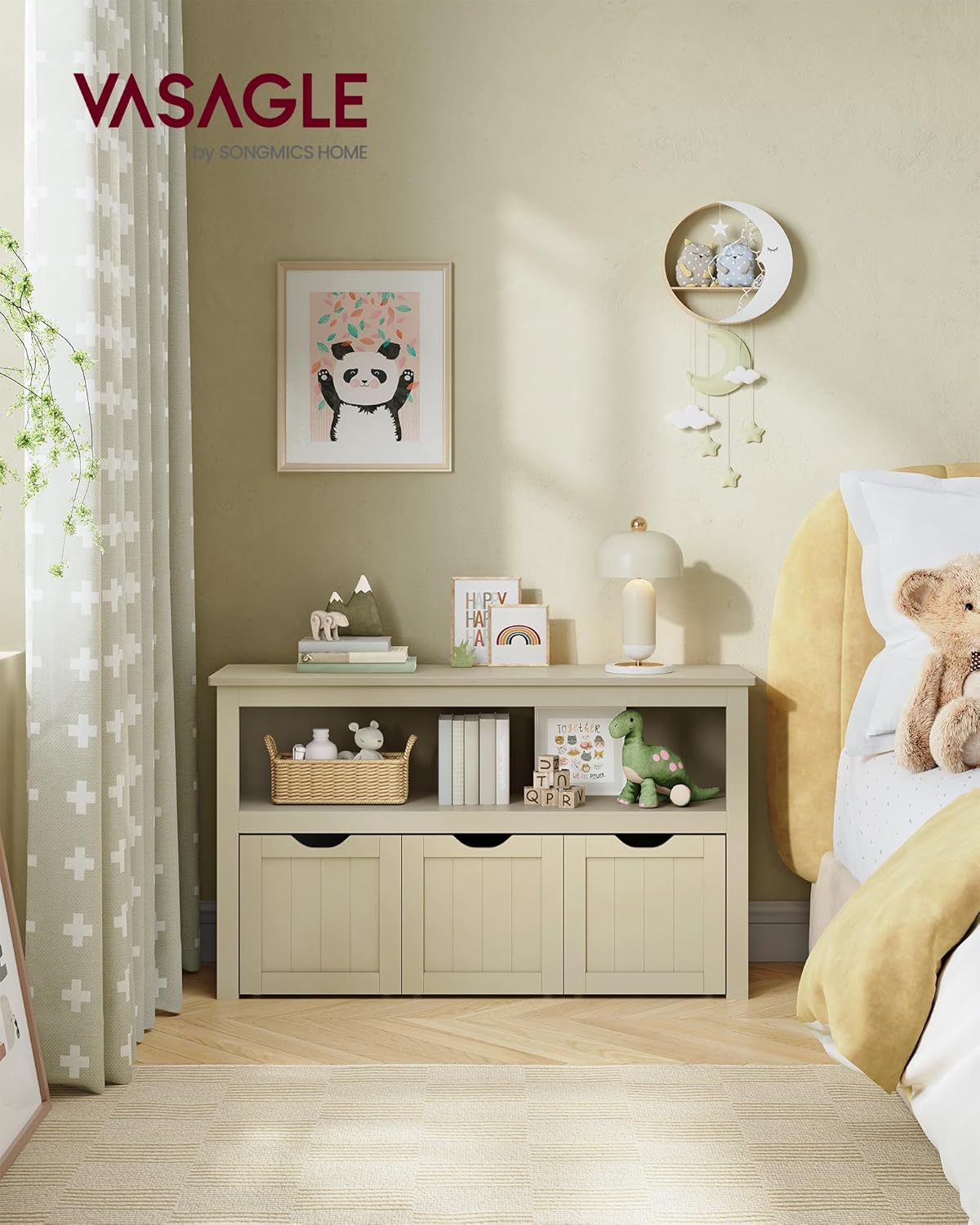 Kinder-Spielzeugregal mit Aufbewahrungsboxen und Rollen, Beige / Sandfarben 3 drawers