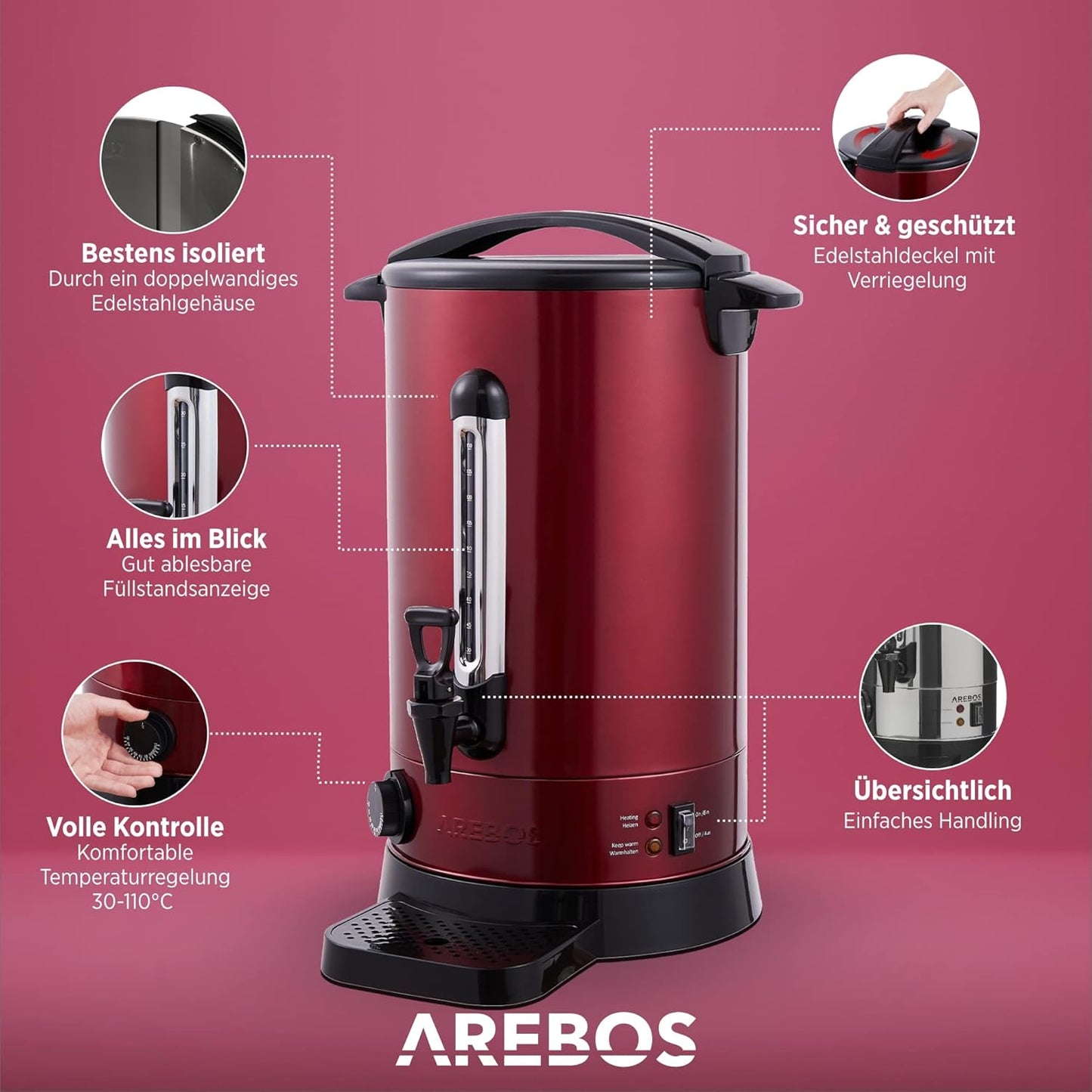 3in1 Glühweinkocher mit Thermostat, Auffangschale & Auslasshahn, Rot