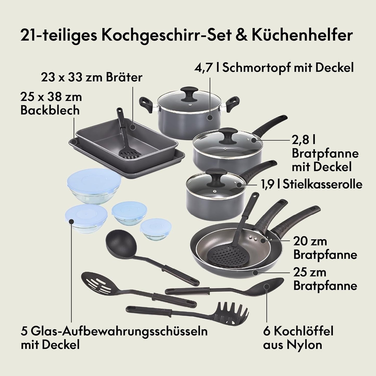 Antihaft-Kochgeschirr-Set, 21 Piece Set Schwarz