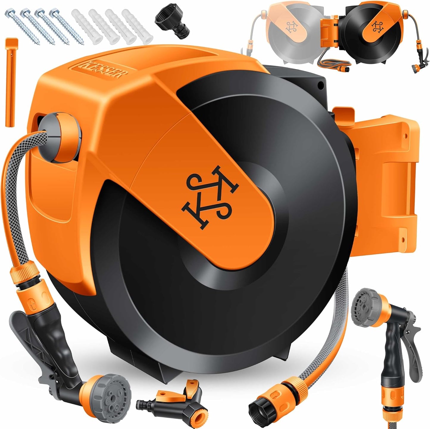 Schlauchtrommel mit 35m Gartenschlauch & Handbrause, Schwarz / Orange, 35m