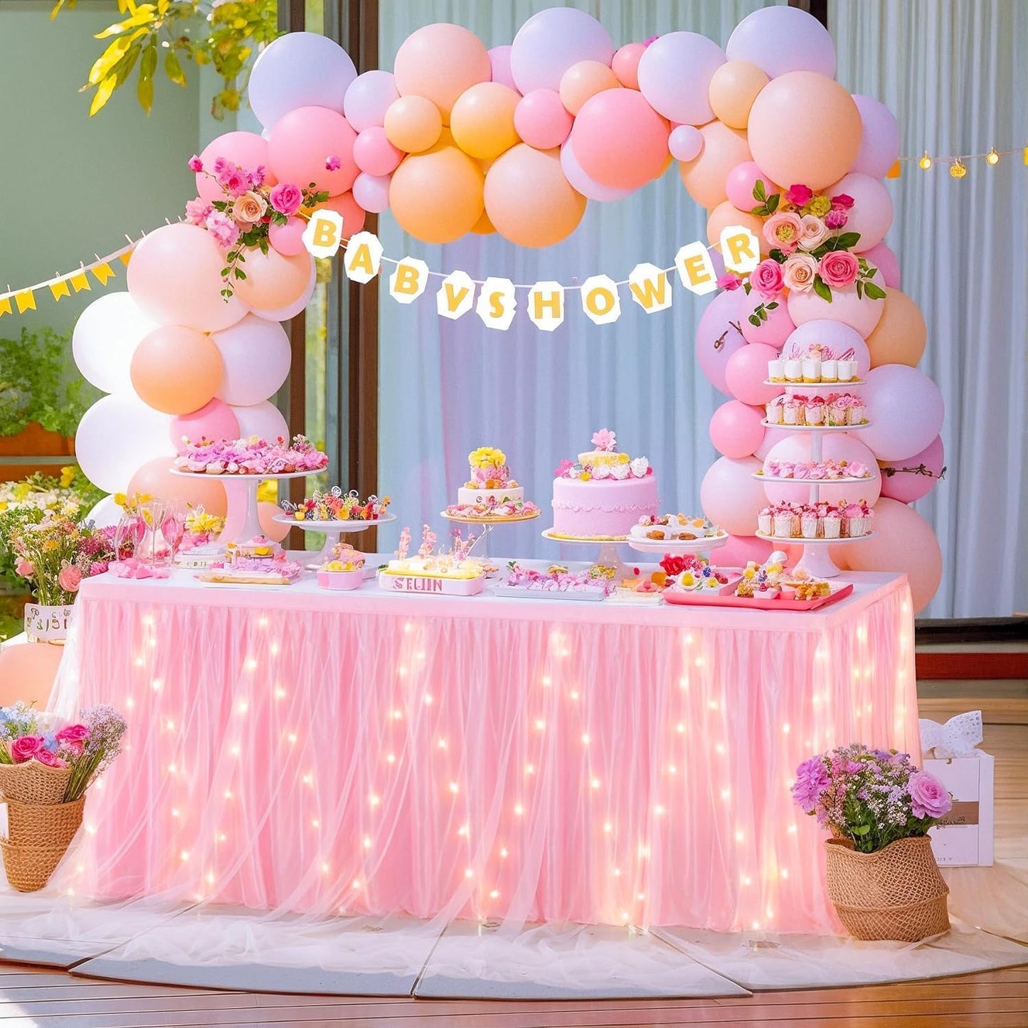 Tischrock mit LED, Rosa mit Led L183*H76cm