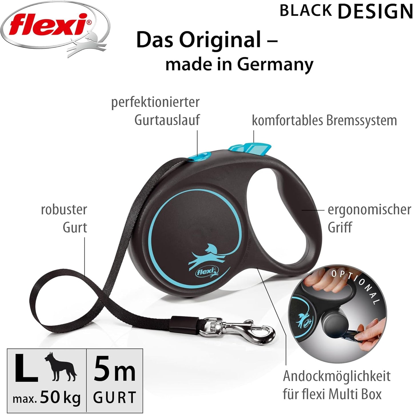 Black Design Rollleine, Schwarz / Blau L: 5m (max. 50kg)
