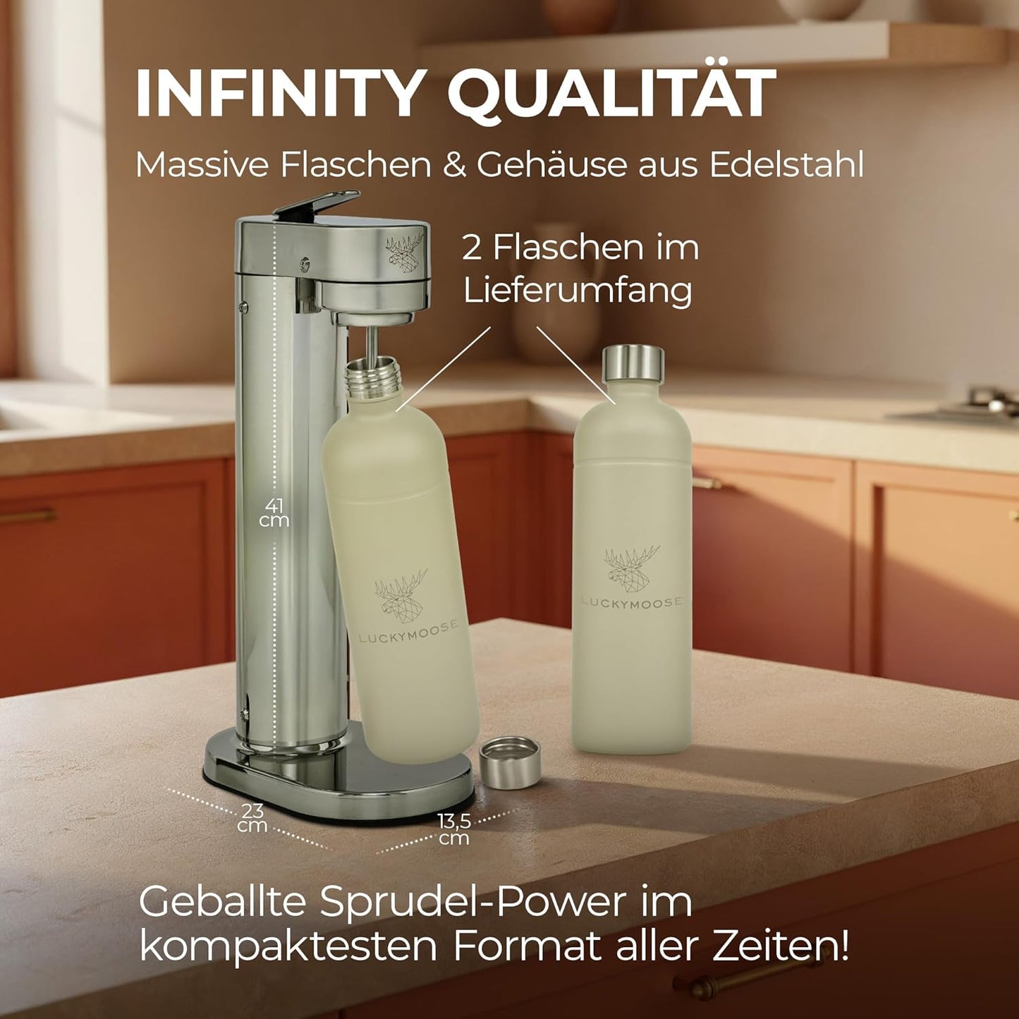 Infinity-S Wassersprudler mit Edelstahlflaschen, Silver/Sand 1,25L (2 Stück)