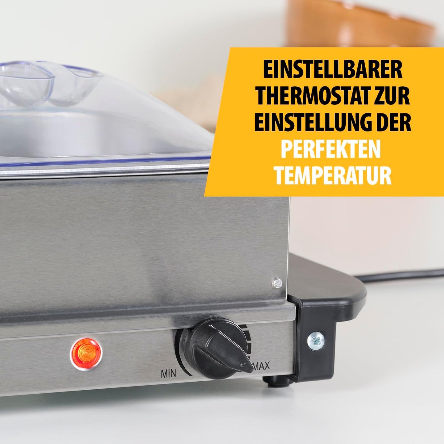 Buffetwärmer mit einstellbarem Thermostat, 1600 Watt Leistung, 25 g/ min Dampferzeugung Mittelgross