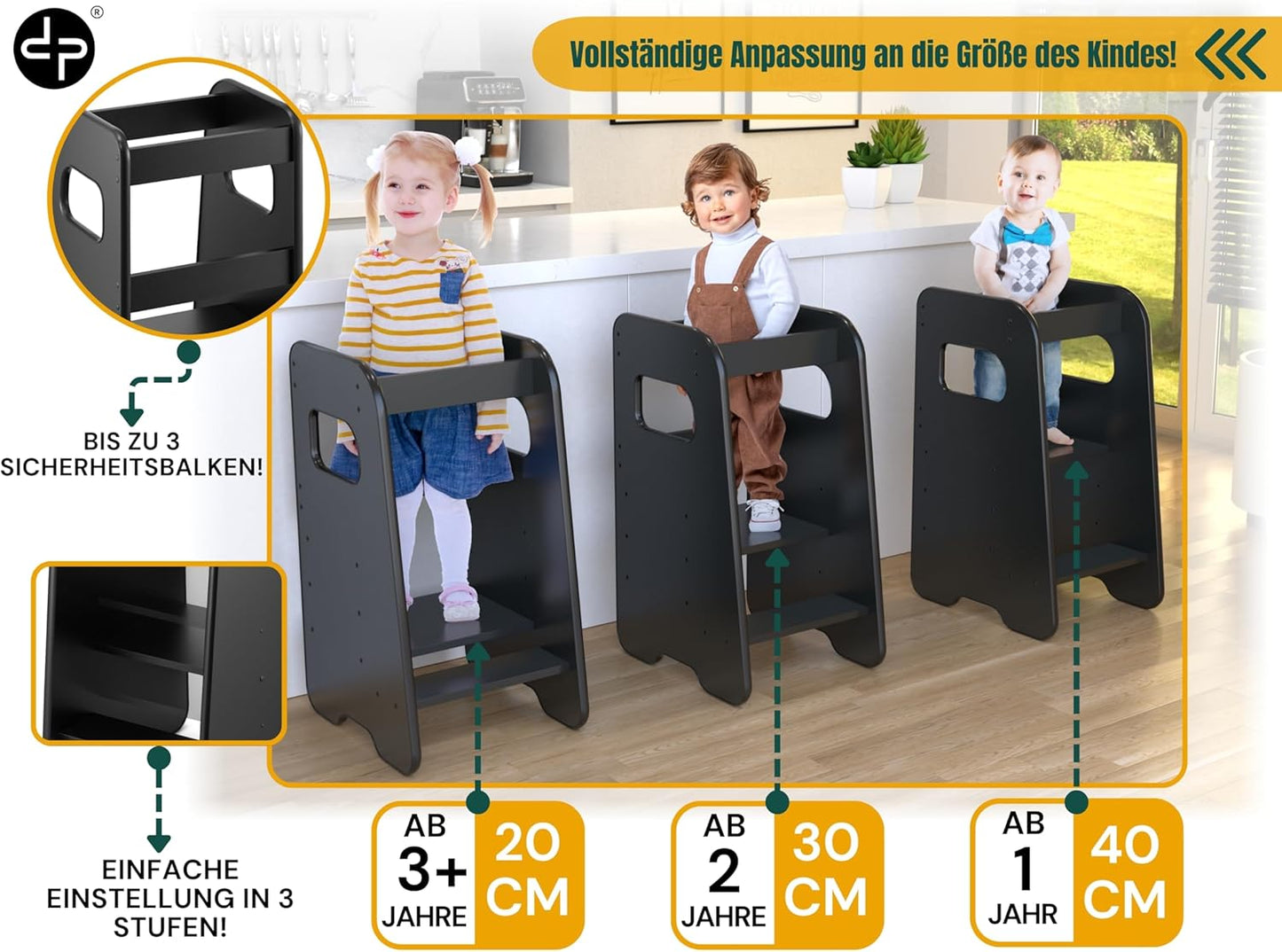 Montessori Lernturm mit Kippschutz, Schwarz