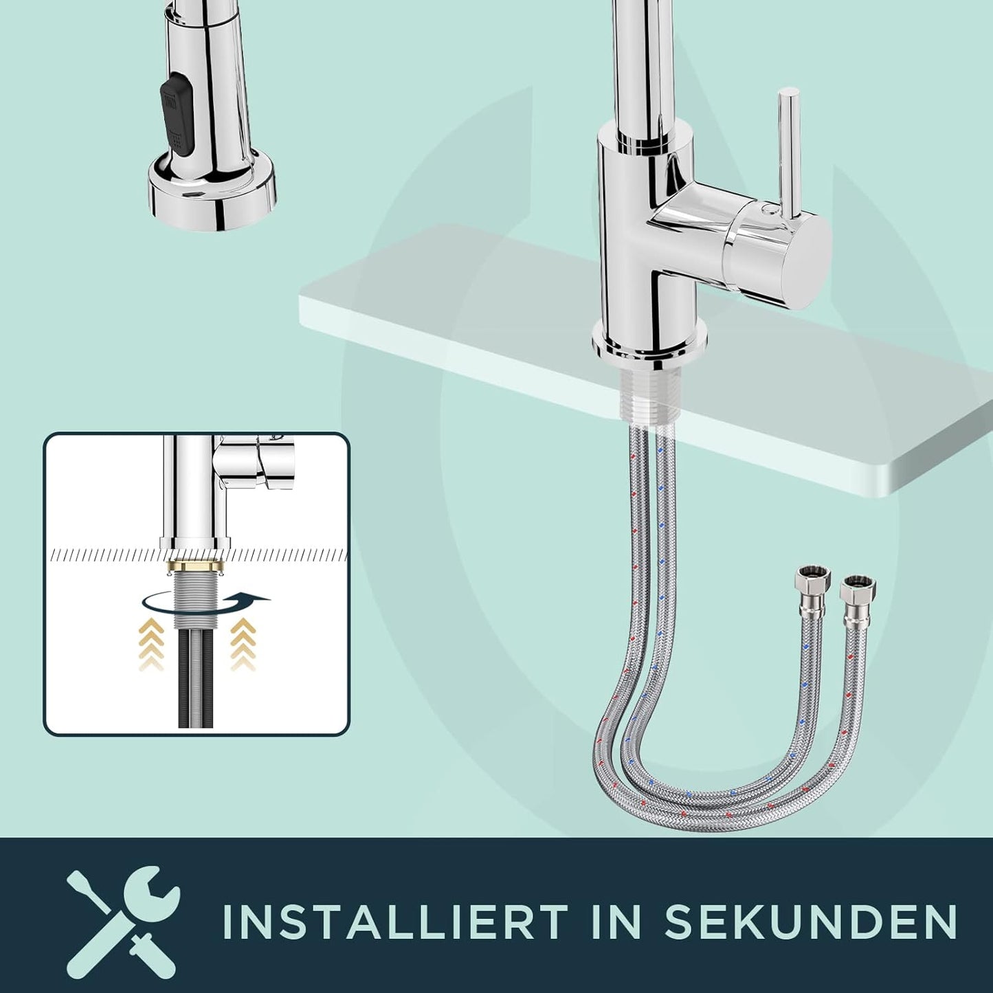 Küchenarmatur mit hohem Bogen und Brause, Polierter Chrom Standard