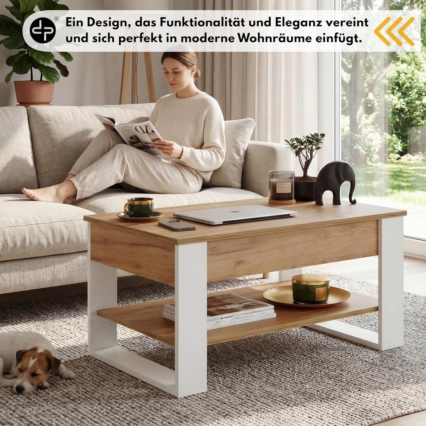 Höhenverstellbarer Couchtisch mit Stauraum, Weiss + Eiche