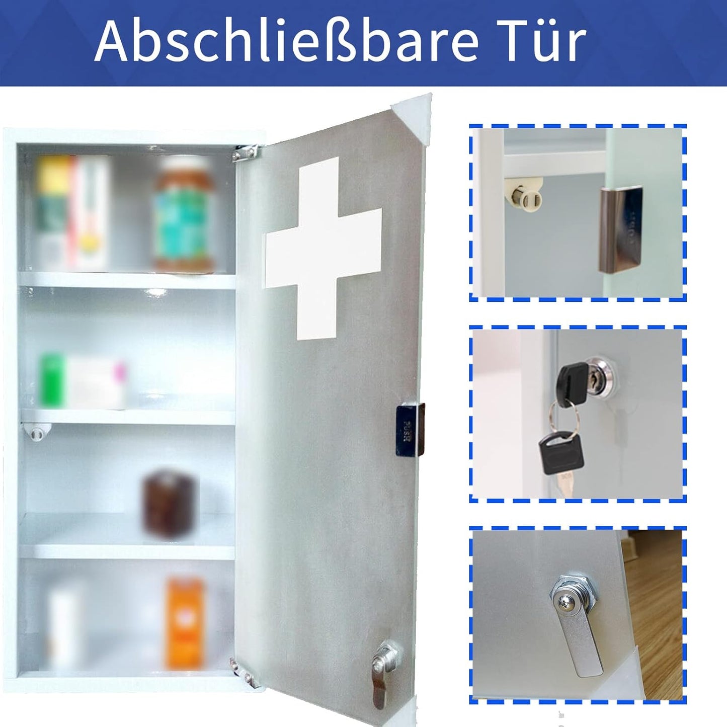 Abschliessbarer Arzneischrank mit Glastür, Weiß,4 Fächer