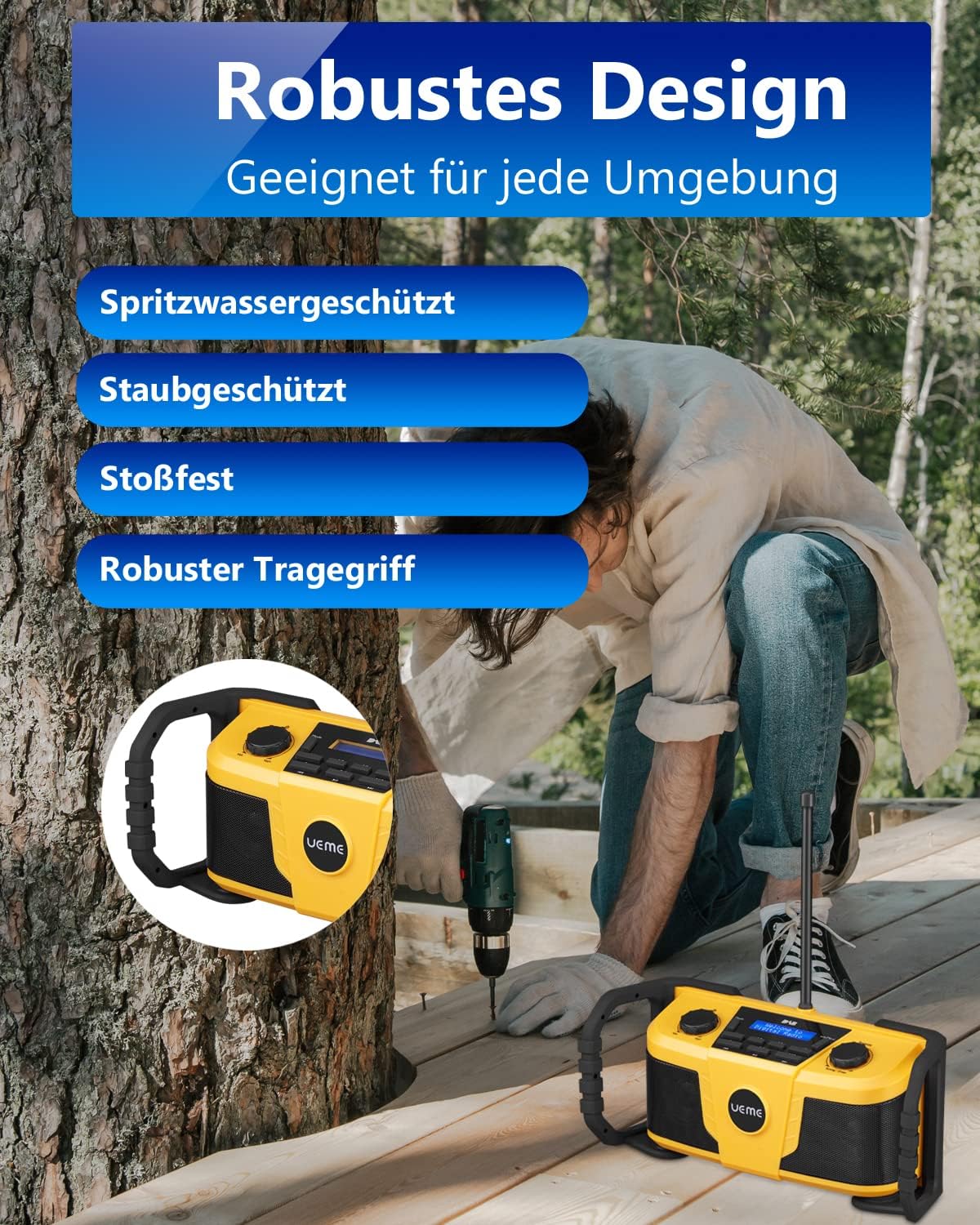 Baustellenradio mit Bluetooth und Wecker, Gelb-Schwarz