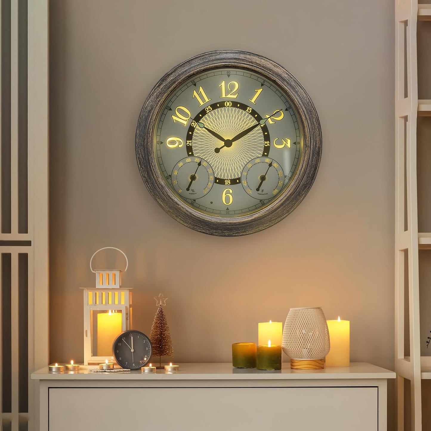 Wetterfeste Gartenuhr mit Thermometer & Hygrometer, beleuchtet, Graue Eiche 38cm