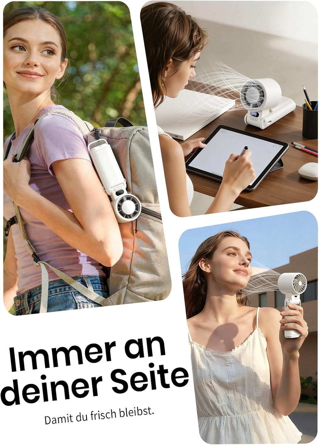 Handventilator mit LED-Display & Clip, Weiss