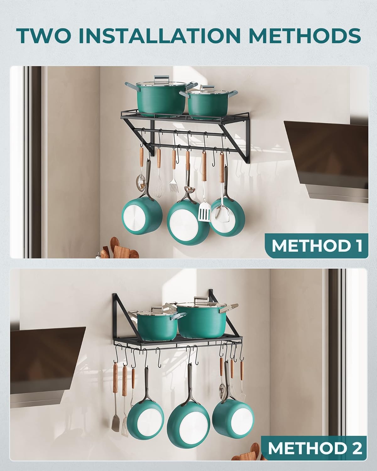 Topf-Rack Wandregal mit 12 Haken (3-Schicht), Schwarz-60cm
