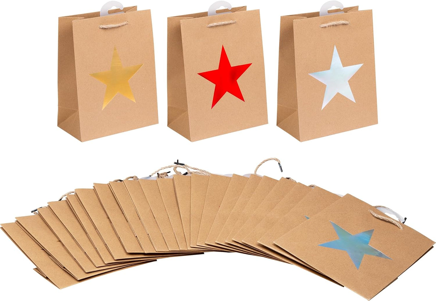 24er-Pack Geschenktaschen mit Metallic-Sternmotiv, Geschenktasche 23 x 18 x 10 cm Single Star