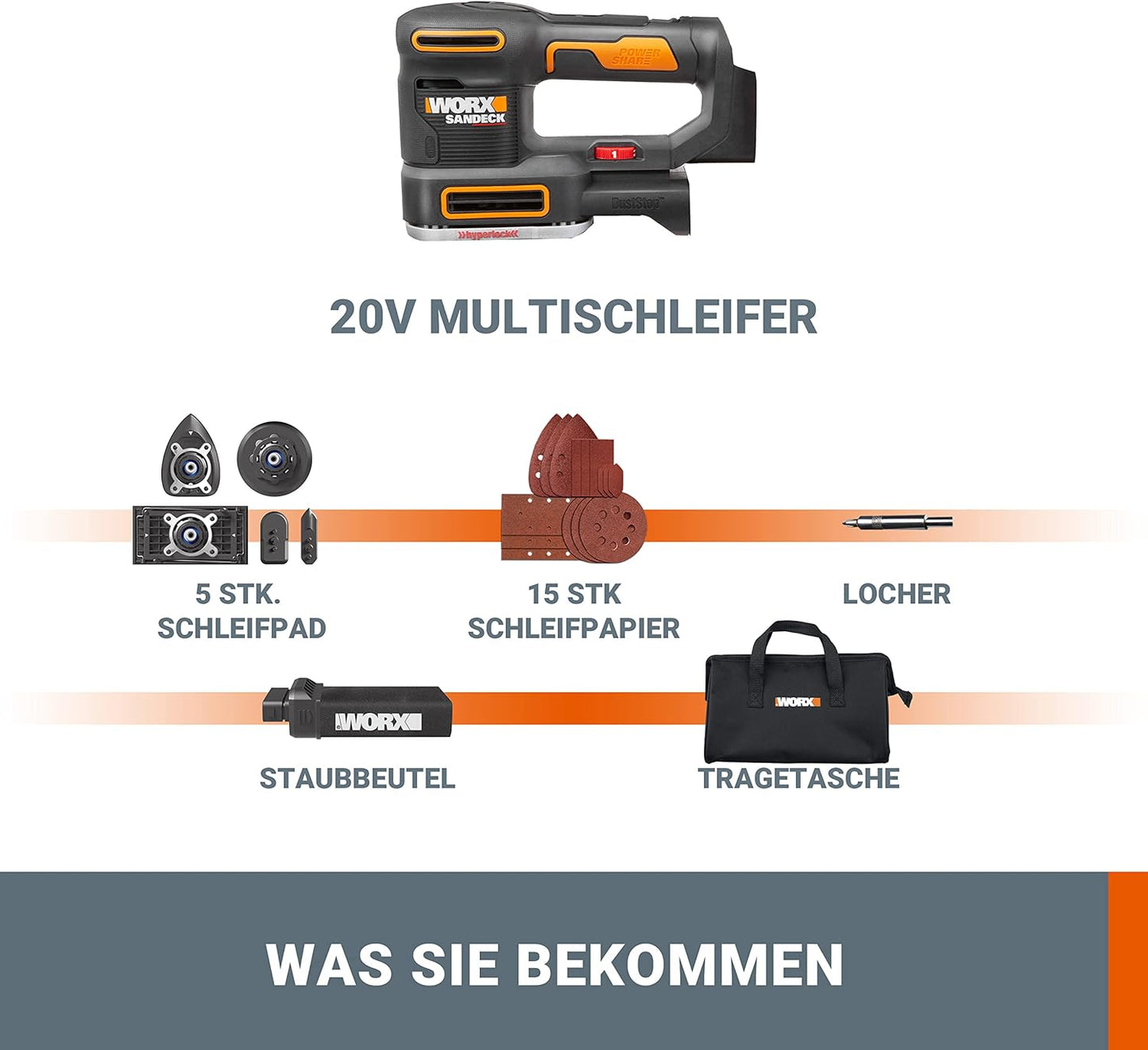 5-in-1 Akku-Multischleifer WX820.9 ohne Akku & Ladegerät, Multischleifer ohne Akku + Ladegerät