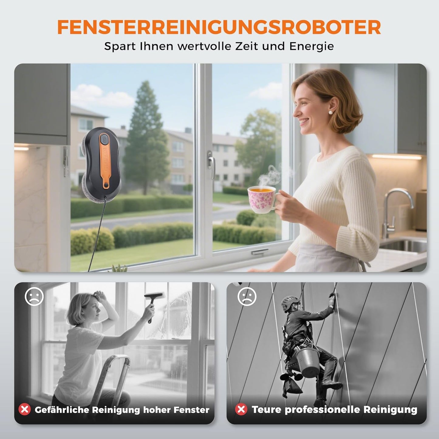 Automatischer Fensterputzroboter mit App-Steuerung, 3000PA Schwarz