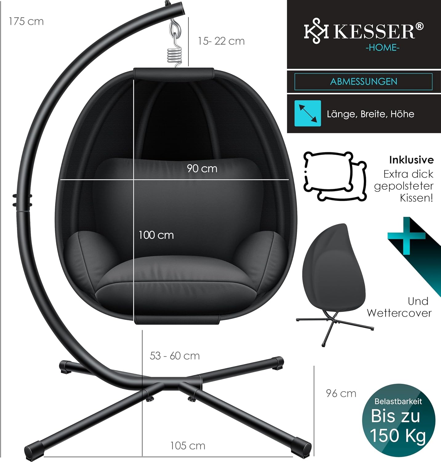 Luxe Hängesessel mit Gestell und Kissen, Anthrazit