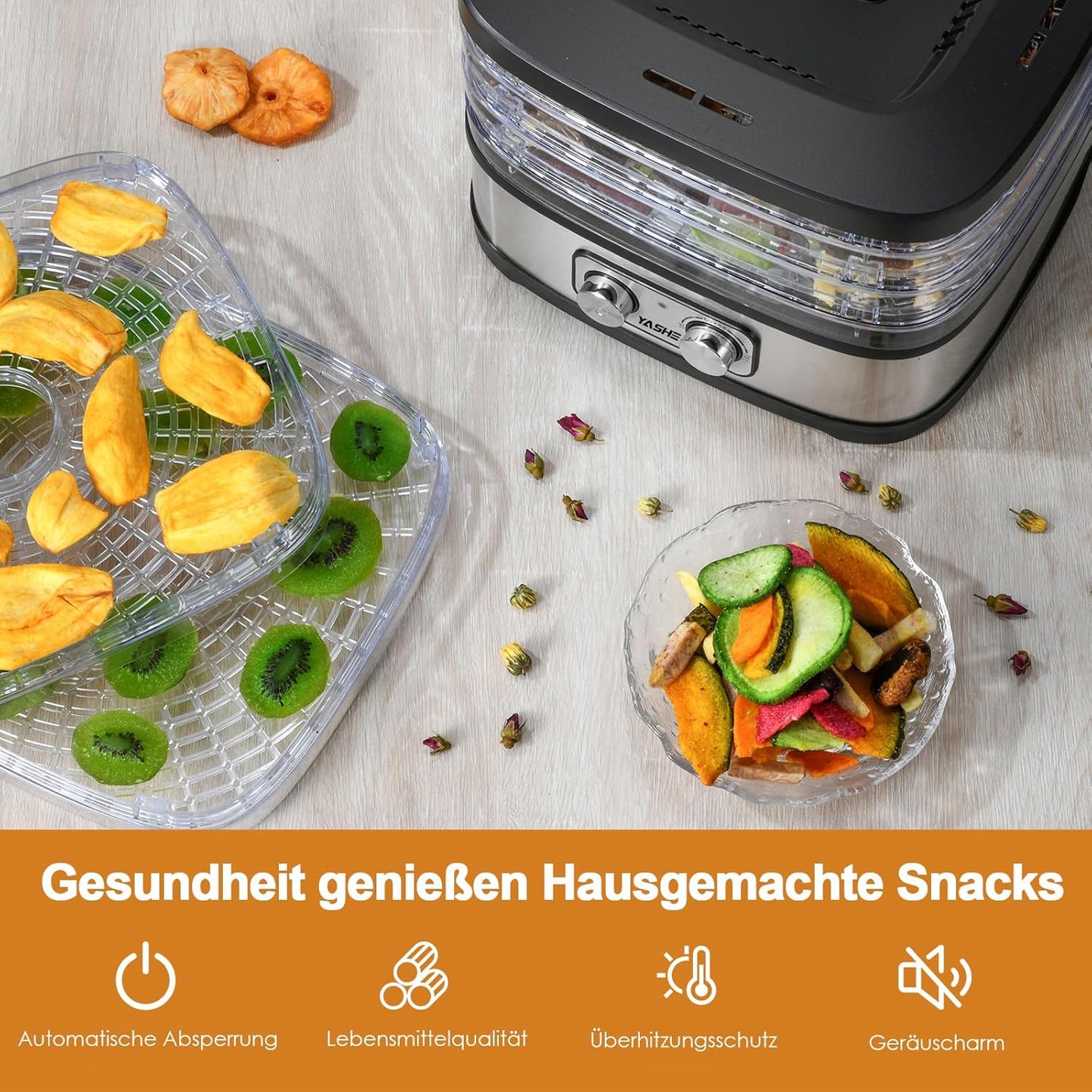 GGJ-261A Dörrautomat mit 5 höhenverstellbaren Tabletts, Knopfsteuerung 5 BPA-frei Tabletts