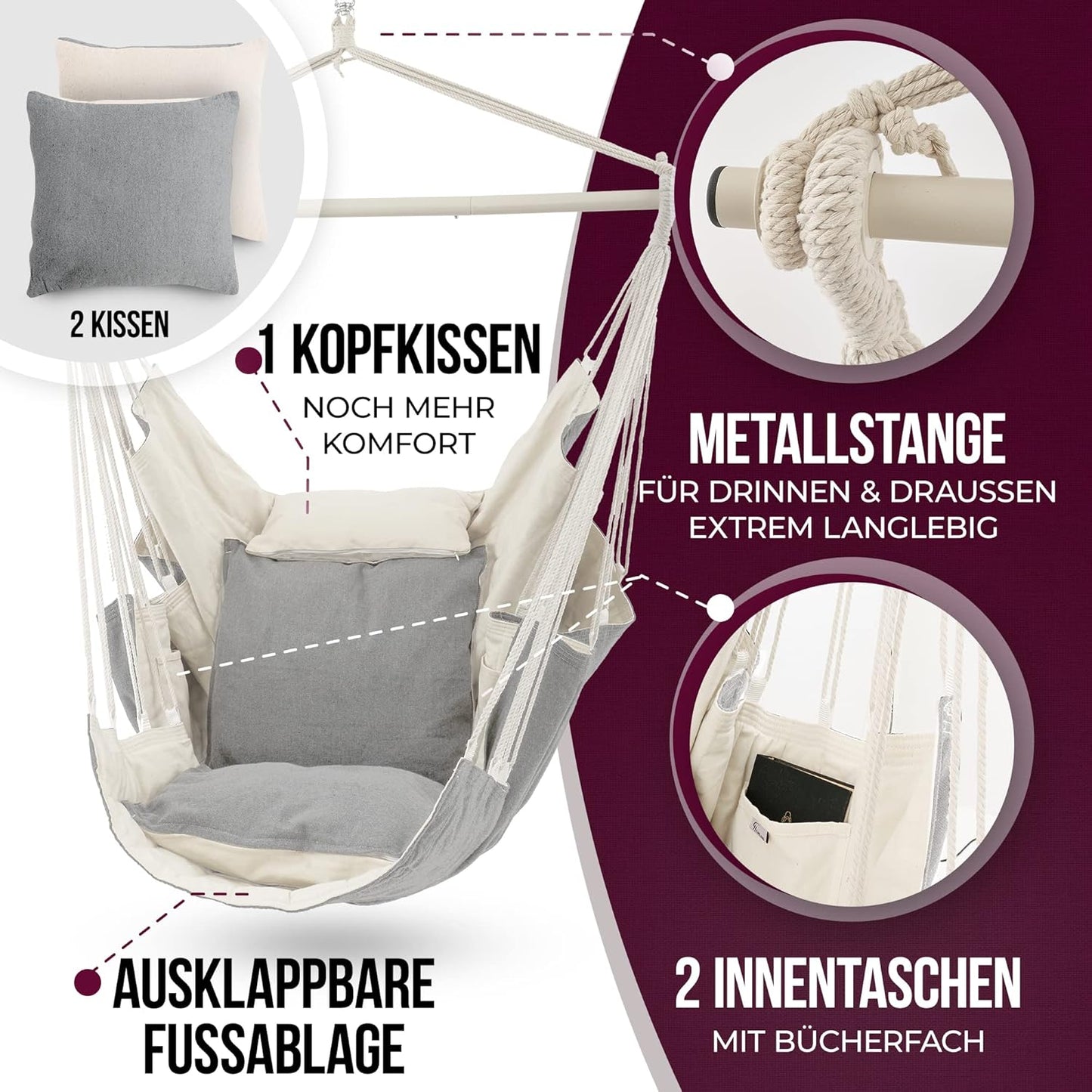 XXL Hängesessel für Indoor & Outdoor (inkl. Kissen), Beige/Grau