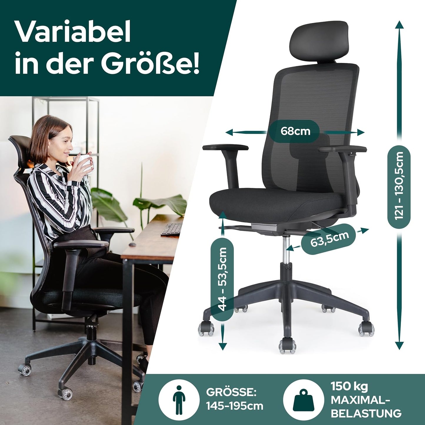 Ergonomischer Bürostuhl, Mit Kopfstütze Schwarz