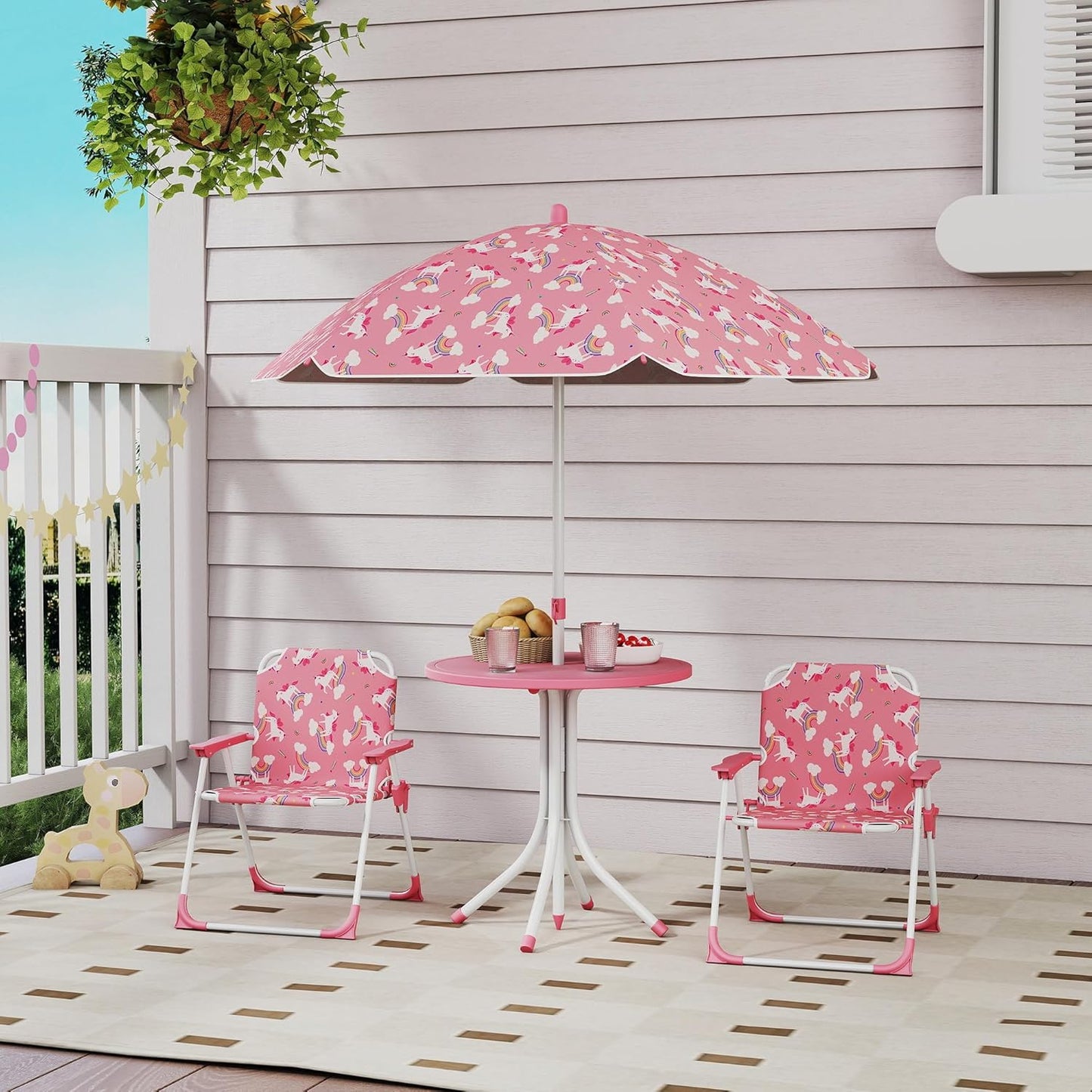 Höhenverstellbare Kindersitzgruppe mit Sonnenschirm, Rosa-einhornmuster