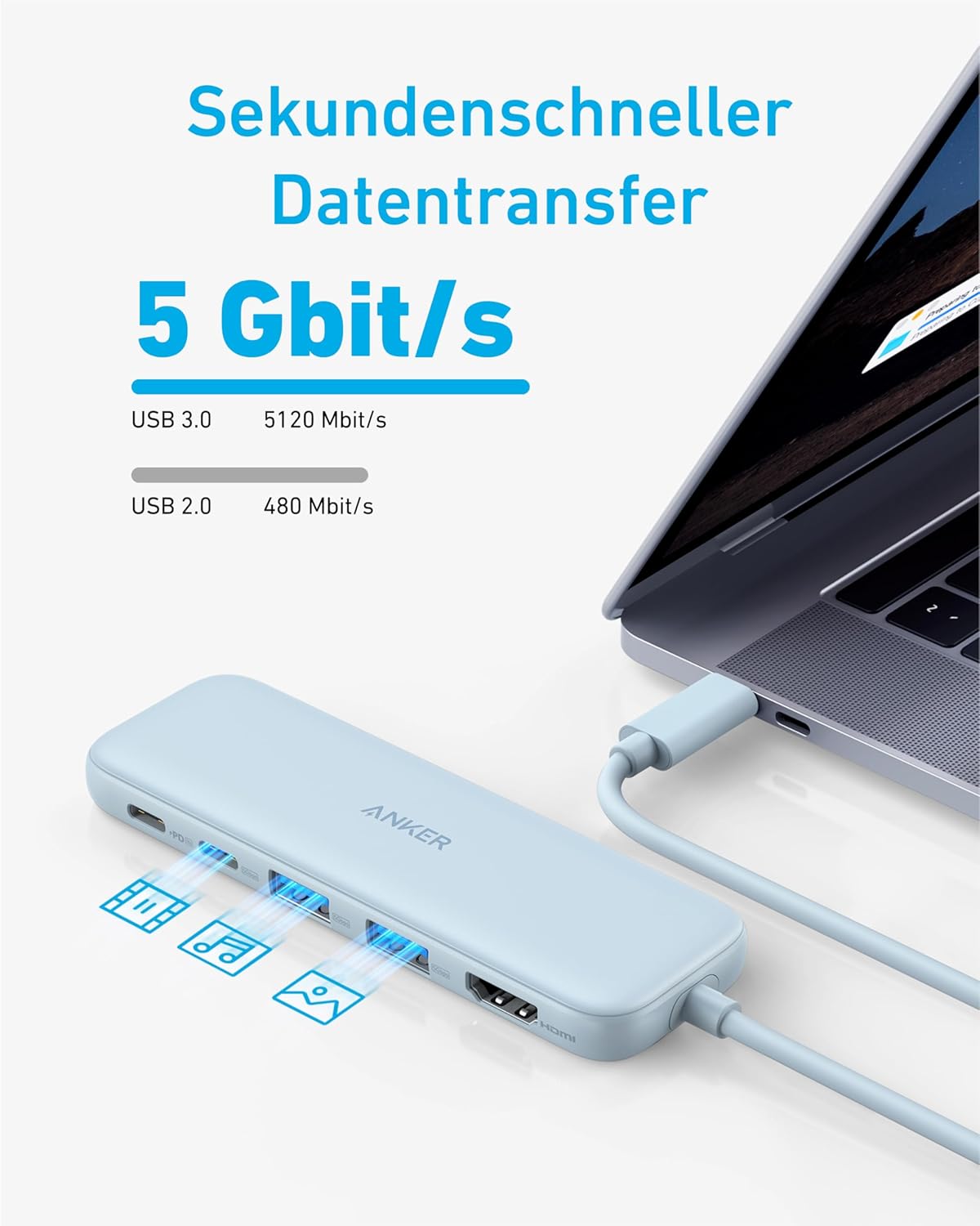 USB-C Hub mit 4K HDMI und 5Gbps Datenanschluss, Blau
