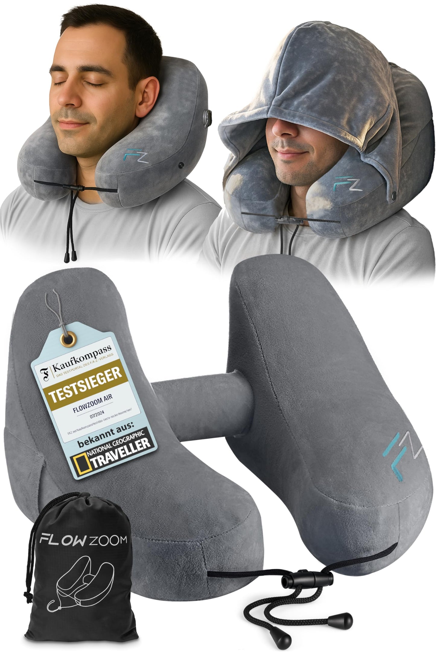 Aufblasbares Nackenkissen mit Kapuze, 1) Grau - Grösse L