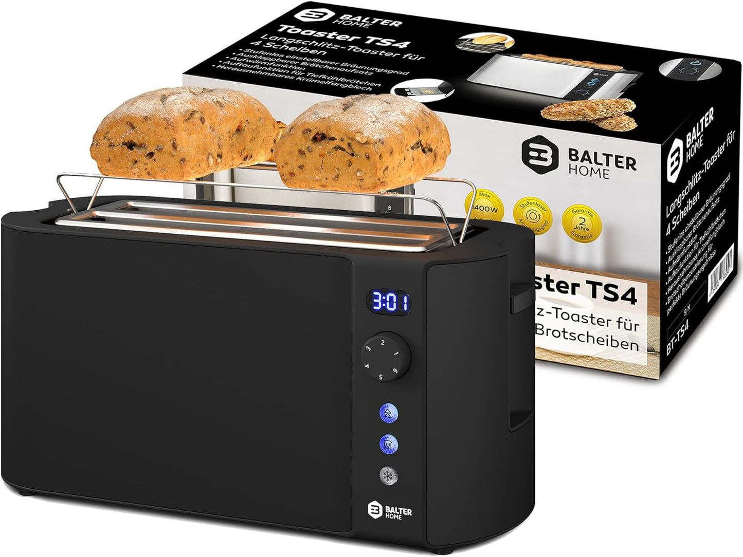 TS-04-BL - Toaster für 4 Scheiben - Langschlitz mit LCD Display, Schwarz
