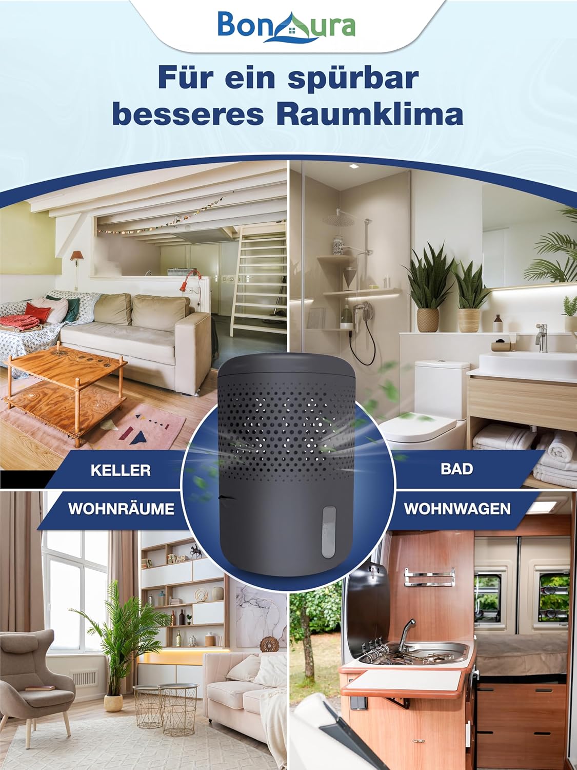 Luftentfeuchter ohne Strom mit Nachfüllpack, 1 X Titanium Grau + 5 X Granulat Beutel
