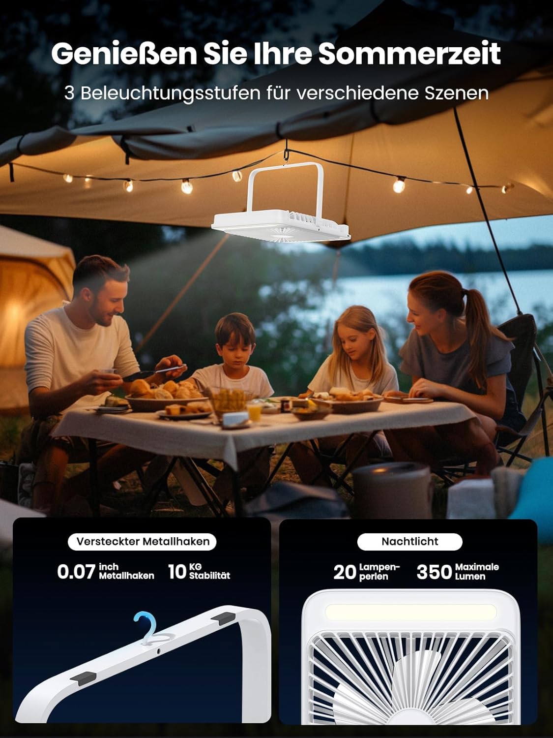 Camping-Ventilator mit Lampe, Weiss