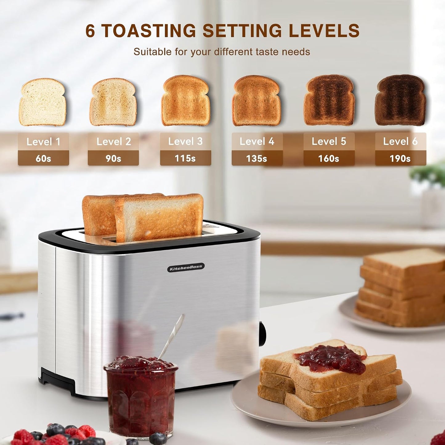 Edelstahl-Toaster mit 6 Bräunungsstufen und Funktionen