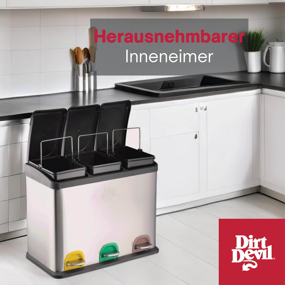 3 Fächer Tretmülleimer, 3 x 15L silber
