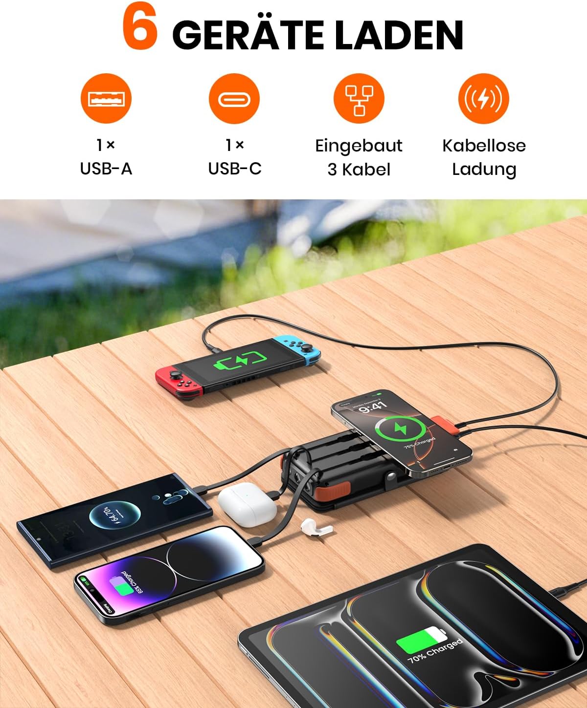 Solar PowerBank Wireless mit Schnellladefunktion, Orange