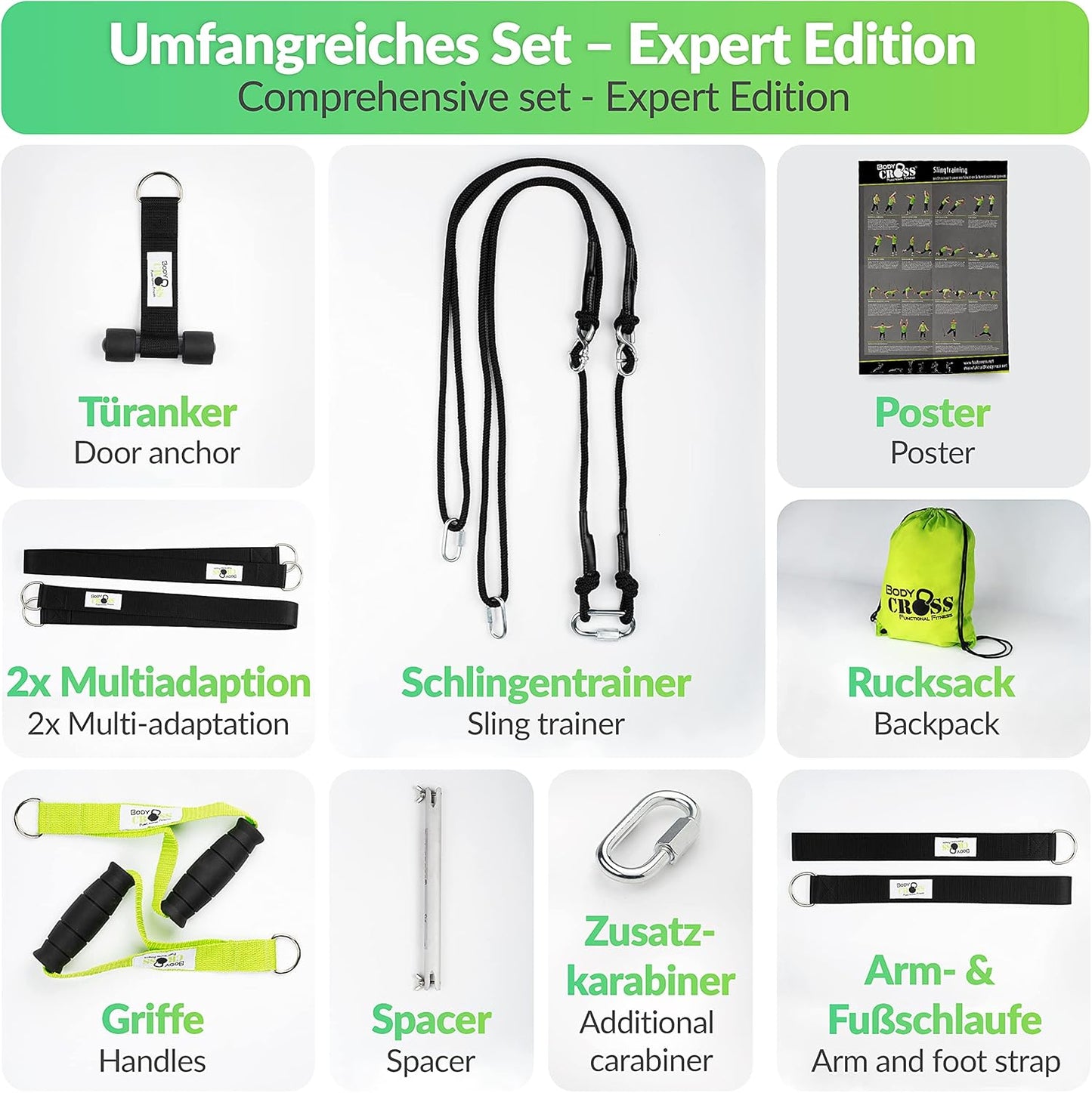 Schlingentrainer Set für Krafttraining, Expert Edition, Lime Sling Mit Spacer