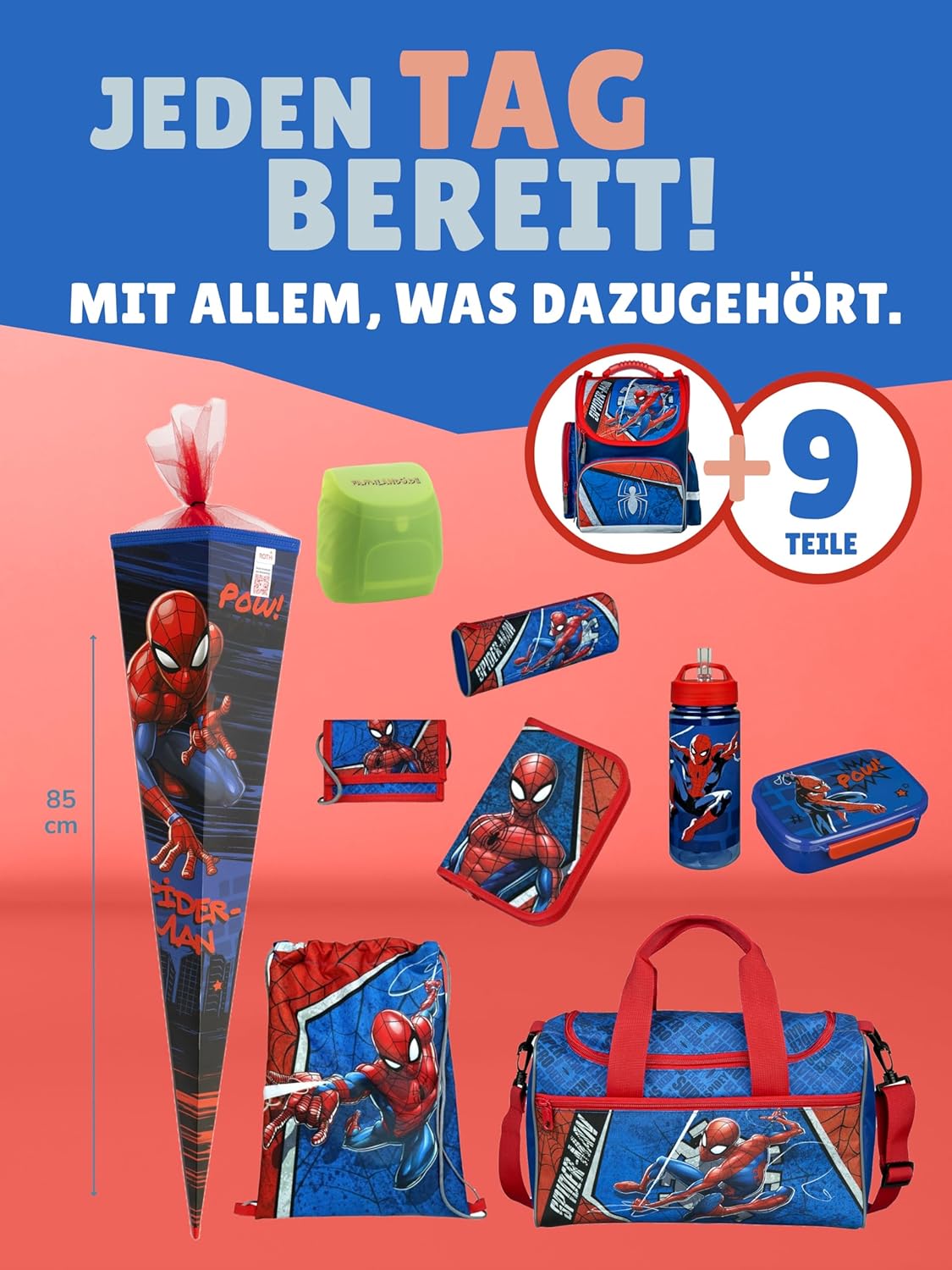10-teiliges Schulranzen-Set Spiderman, Komplett Set mit Schultüte