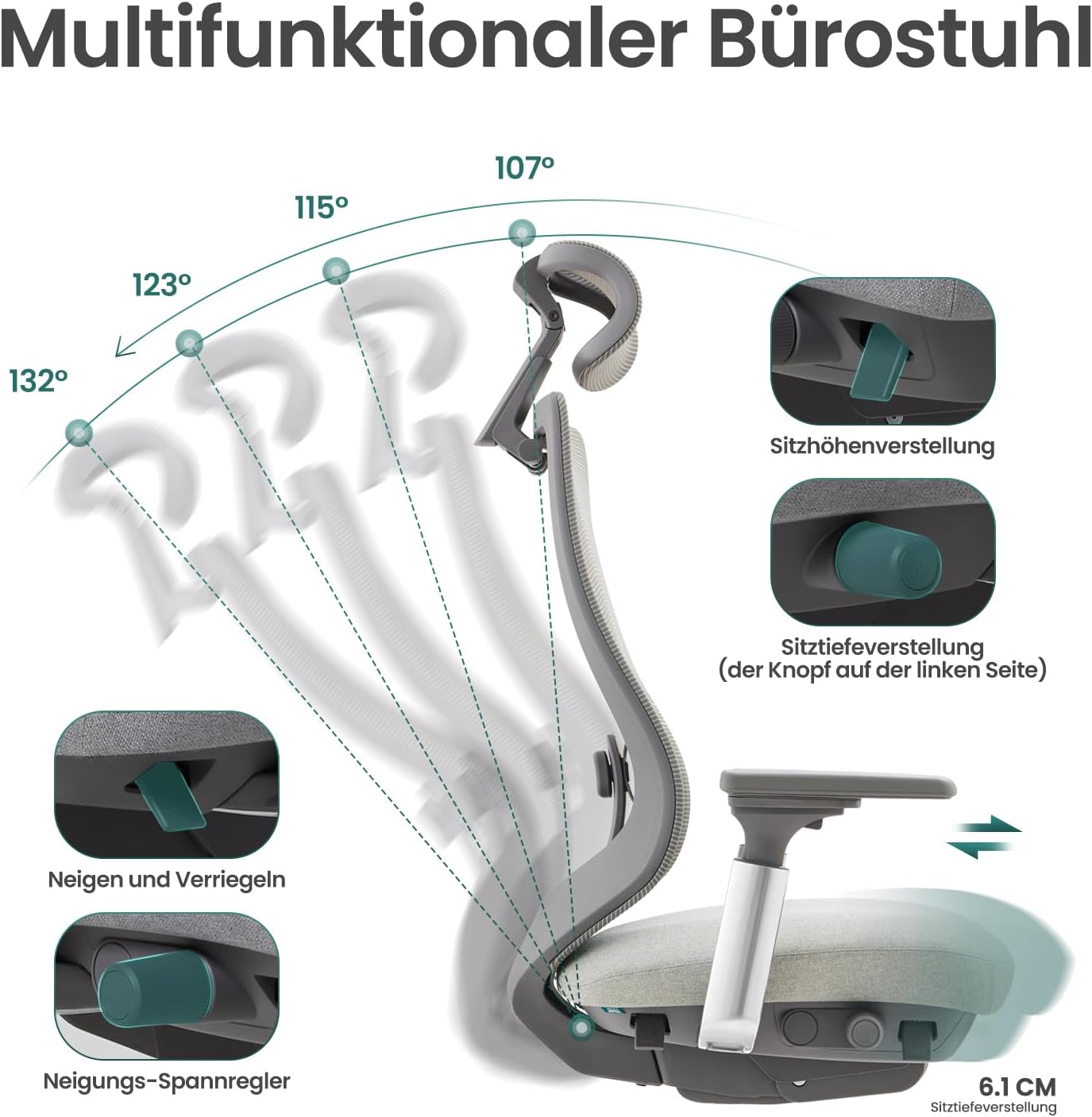 Ergonomischer Bürostuhl, Hellgrau Aluminium Basis