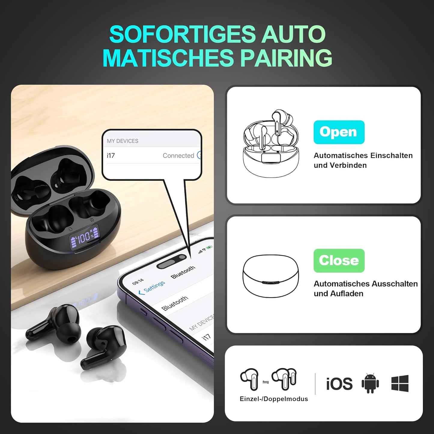 i17 In-Ear Kopfhörer mit Noise Cancelling, Schwarz