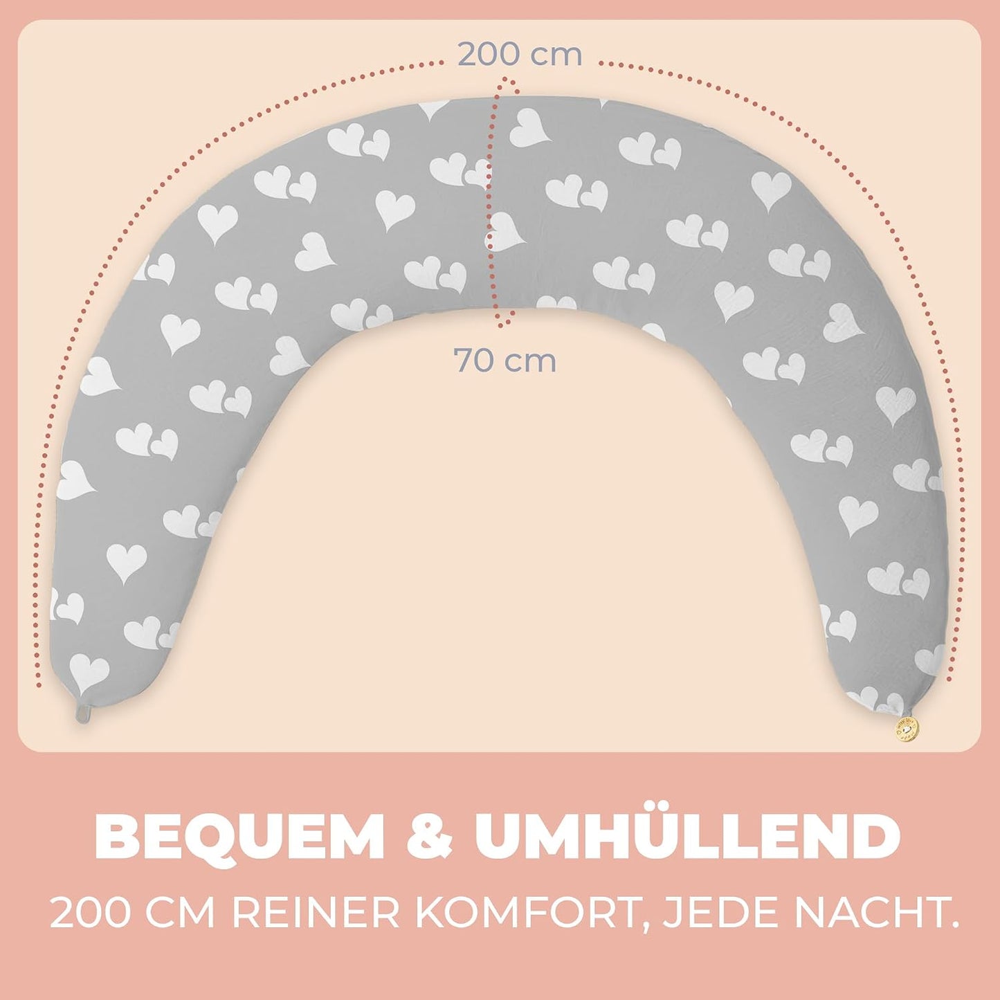 Ergonomisches Schwangerschafts- und Stillkissen XXL, Grau mit Weissen Herzen Stillkissen XXL