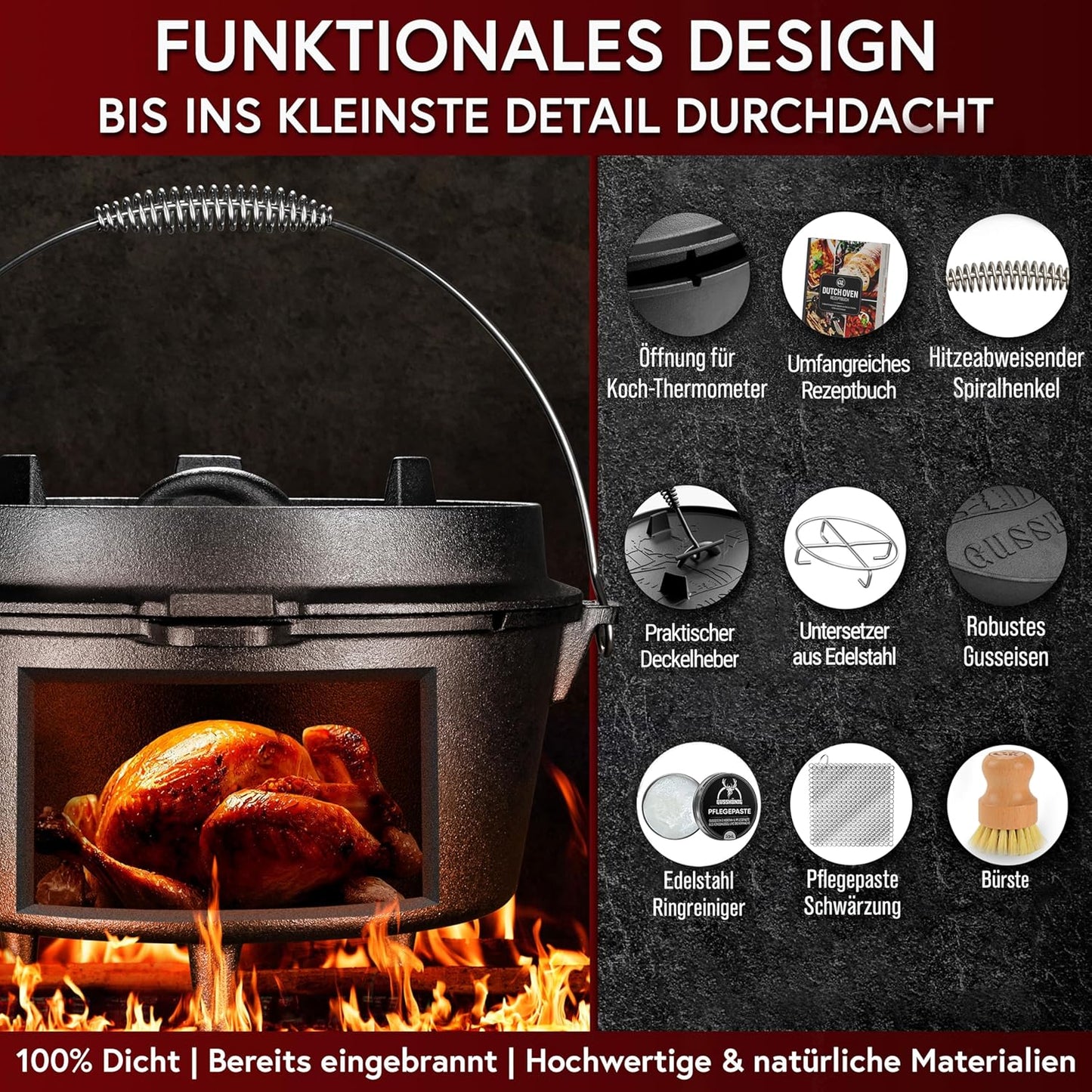 Dutch Oven Set, Topf ohne Fuss+Bürste 7 Liter