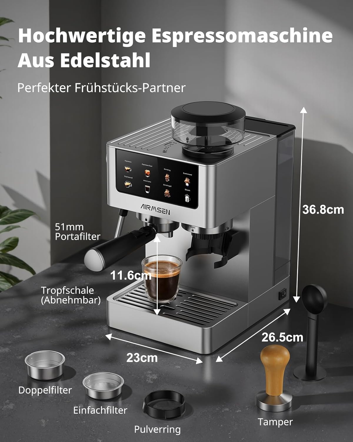 Siebträgermaschine EUBCM2316 mit Kegelmahlwerk & Milchschäumer