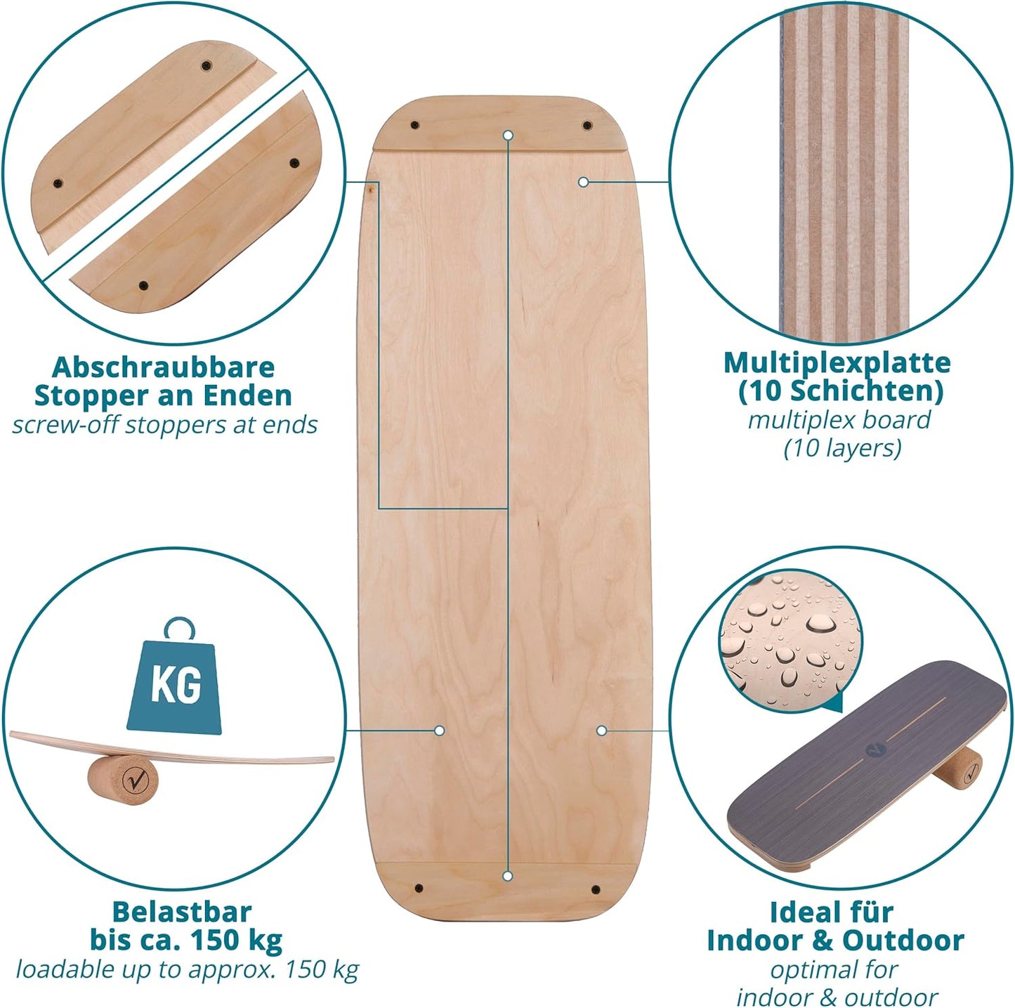 Balance Board aus Holz mit Rolle & Zubehör, Allround Shape Grau