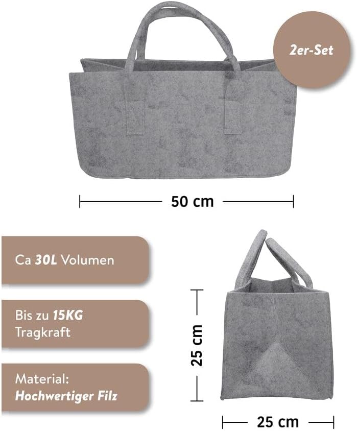 Filztaschen-Set für Kaminholz, Hellgrau & Dunkelgrau 2-er