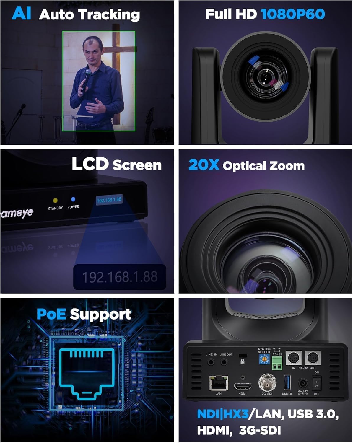 NDI PTZ Kamera 20x Zoom mit KI-Tracking 1080P, 20x NDI SDI Kamera KI-Tracking