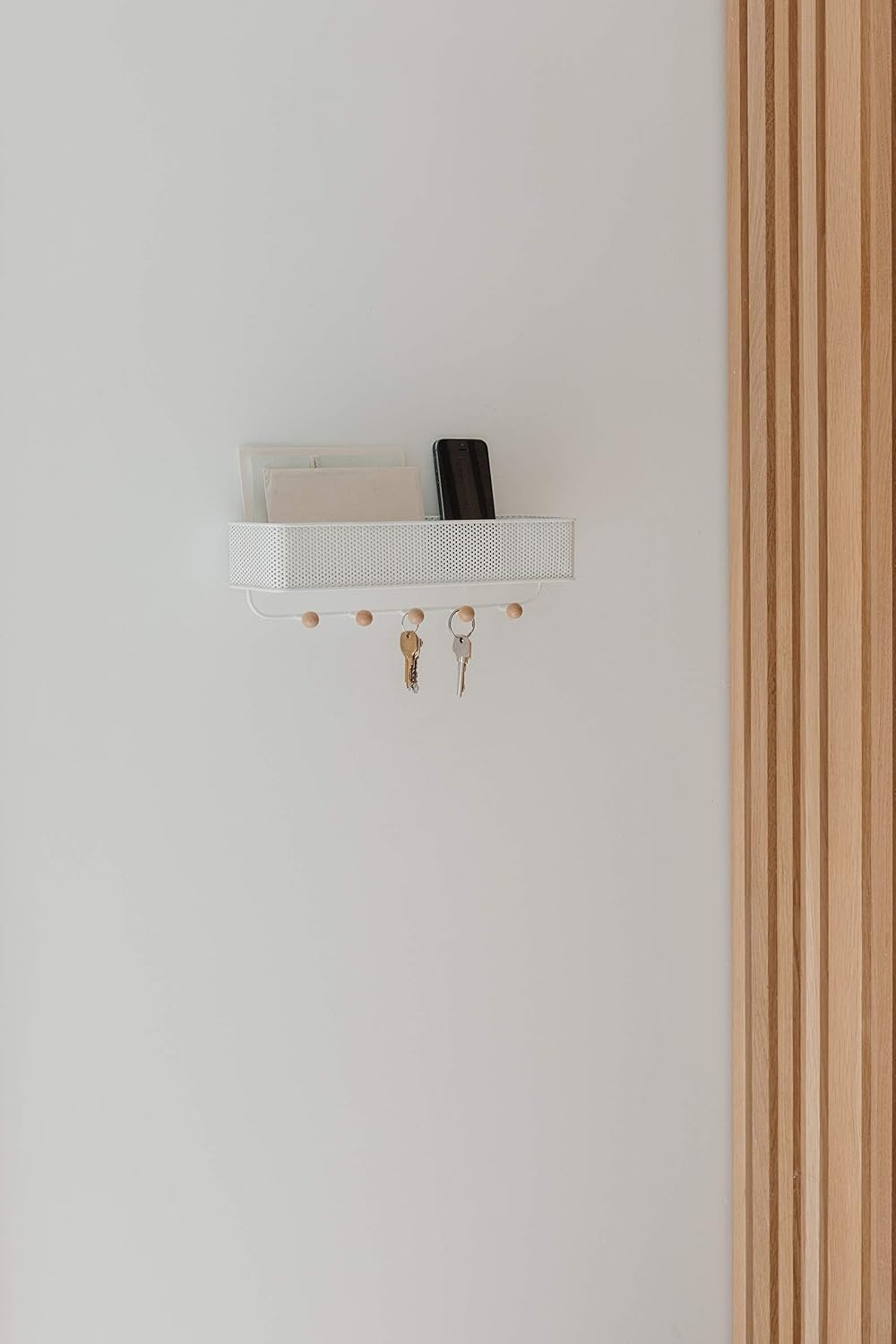 Schlüsselbrett mit Briefablage & Haken-Set, Weiss/Natur Wandorganizer